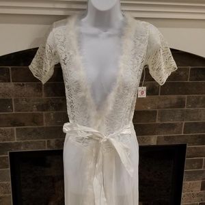 Glam Night Lace Robe Fur & Sheer Mesh Ivory O/S